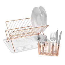 Load image into Gallery viewer, Copper & White Dish Drainer With Drip Tray & Cutlery Holder