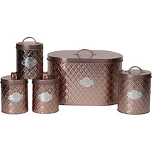 Load image into Gallery viewer, Neo | Copper | Embossed Diamond | Bread Bin & 4 Piece Canister Set | Tea, Coffee, Sugar & Biscuit