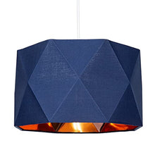 Load image into Gallery viewer, Navy Midnight Blue Cotton Fabric 32cm Geometric Designer Lamp Shade with Inner Brushed Copper Metal Effect Lining| 60w Maximum | for Table or Pendant by Happy Homewares