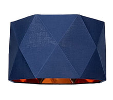Load image into Gallery viewer, Navy Midnight Blue Cotton Fabric 32cm Geometric Designer Lamp Shade with Inner Brushed Copper Metal Effect Lining| 60w Maximum | for Table or Pendant by Happy Homewares