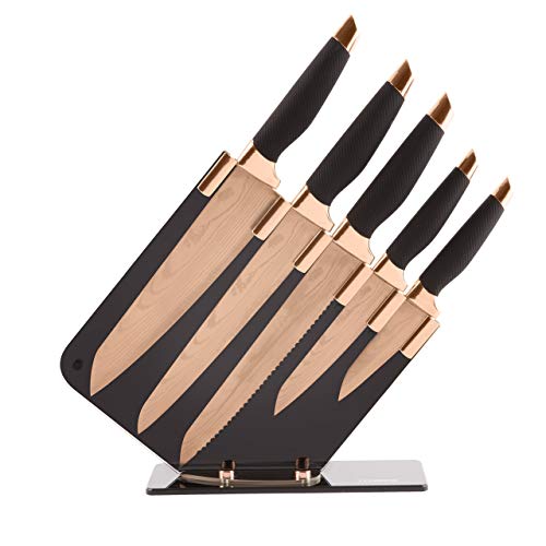 Tower Kitchen Knife Set with Acrylic Knife Block, Black and White Groove  Blades with Black Handles, 5-Piece