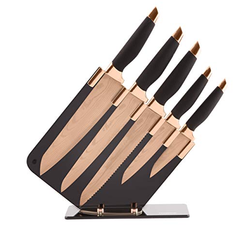 nuovva Kitchen Knife Block Set Copper 5 Piece Set with Knives Clear Acrylic  Block Stainless Steel Blades