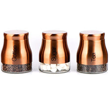 Load image into Gallery viewer, Set Of 3 Kitchen Storage Canisters | Tea, Coffee & Sugar | Glass Jar | Copper
