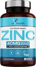 Load image into Gallery viewer, Vegan Zinc &Copper Tablets | High Strength 40mg | 365 Premium Zinc Gluconate Tablets | 12 Month's Supply | Zinc 40mg | YrHealth