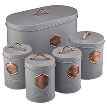 Load image into Gallery viewer, 5 Piece Kitchen Storage Canister Set | Grey & Copper | Tea, Coffee, Sugar, Biscuits & Bread | Cooks Professional