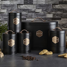 Load image into Gallery viewer, Black & Copper 5 Piece Kitchen Set | Bread Bin, Tea, Coffee, Sugar, Biscuit Tin