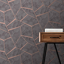 Load image into Gallery viewer, Marble Charcoal Grey Wallpaper With A Copper Geometric Detailing Pattern