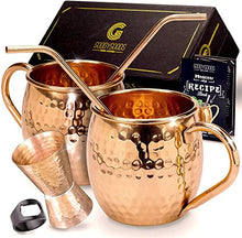 Load image into Gallery viewer, Moscow Mule Copper Mugs | 100% Pure Solid Copper | His & Hers Gift Set | 2 Hammered 16 OZ Copper Cups x2 Straws