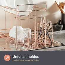 Load image into Gallery viewer, Rose-Gold Copper Dish Drying Rack With Removeable Cutlery Utensil Holder