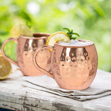 Load image into Gallery viewer, Zap Impex® Pure Copper Moscow Mule barrel cup, no coating, hammered copper, ideal for all chilled beverage dazzling to entertain and bar or home, large bar gift set of 2