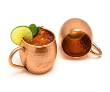Load image into Gallery viewer, Zap Impex® Pure Copper Moscow Mule barrel cup, no coating, hammered copper, ideal for all chilled beverage dazzling to entertain and bar or home, large bar gift set of 2