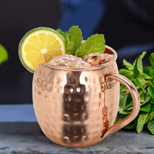 Load image into Gallery viewer, Zap Impex® Pure Copper Moscow Mule barrel cup, no coating, hammered copper, ideal for all chilled beverage dazzling to entertain and bar or home, large bar gift set of 2