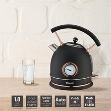 Load image into Gallery viewer, Rasonic Classic Retro Electric Kettle 1.8L Stainless Steel, 3KW Fast Quiet Boiling, Temperature Gauge, LED Light, Auto Shut-Off, Home Kitchen, Office, Luxurious Hotel (Matt Finish Black and Rose Gold)
