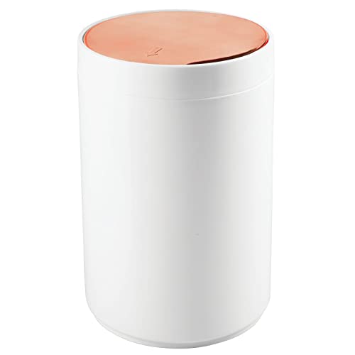 Swing Lid Bathroom Bin | White & Copper, Rose-Gold | Round Plastic Rubbish Bin | mDesign