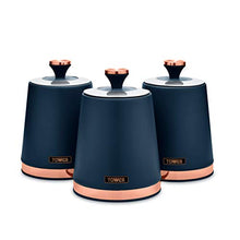Load image into Gallery viewer, Tower | Cavaletto | Set Of 3 Storage Canisters For Coffee/Sugar/Tea | Midnight Blue &amp; Rose Gold/ Copper 
