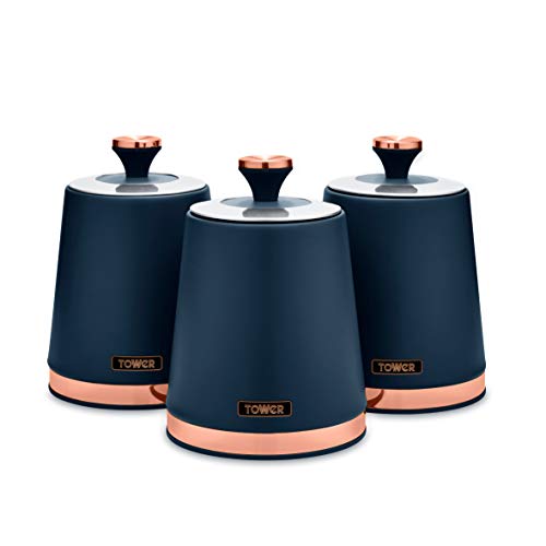 Tower | Cavaletto | Set Of 3 Storage Canisters For Coffee/Sugar/Tea | Midnight Blue & Rose Gold/ Copper 