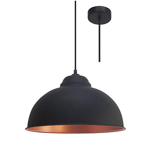 Black & Copper | Metal Dome Shade | Vintage Retro Pendant Ceiling Light | 37cm Diameter | 1 x ES E27 Lamp Bulb Required (Not Included) | 240 Volts