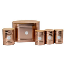 Load image into Gallery viewer, 5pc Copper Kitchen Storage Set With Airtight Bamboo Lids | Includes Tea Coffee Sugar with Matching Biscuit Barrel Canister Jar &amp; Stylish Bread Bin | Crystals® 
