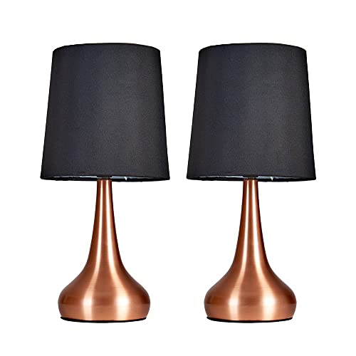 Pair Of Modern Copper Teardrop Bed Side Table Lamps | Black Fabric Shades | MiniSun