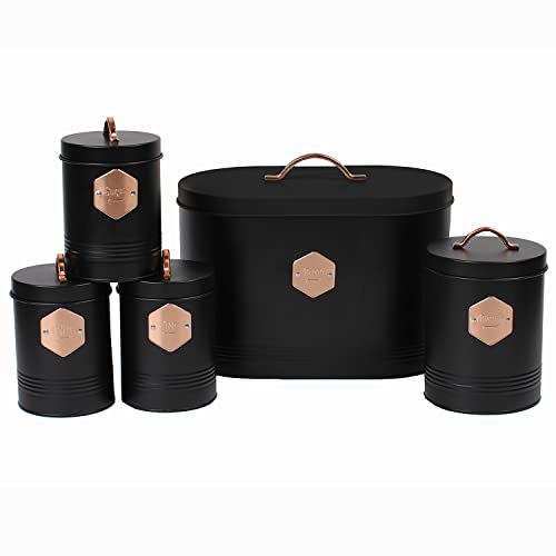 Neo | Black & Copper | 5 Piece Kitchen Canister Set | Bread Bin, Tea, Coffee, Sugar, Biscuit Tin