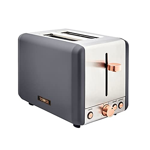 Tower | Cavaletto Collection | 2-Slice Toaster | Grey & Rose Gold Copper | Stainless Steel | 850 W