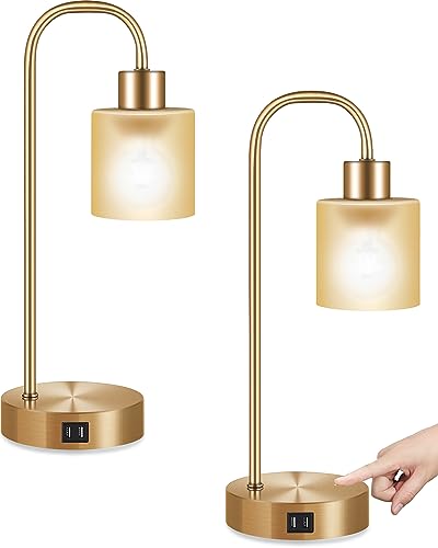 Set Of 2 Industrial Touch Table Lamps | Copper Gold | USB Charging Port 