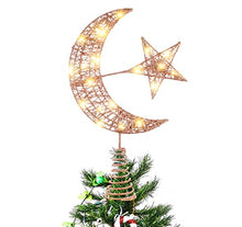 Load image into Gallery viewer, Copper Christmas Tree Topper | Star and Moon | 30cm | Wrought Iron | Glittered Xmas Tree Decoration
