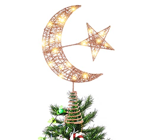 Copper Christmas Tree Topper | Star and Moon | 30cm | Wrought Iron | Glittered Xmas Tree Decoration