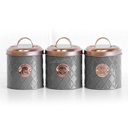 Typhoon | Set Of 3 | Tea Coffee Sugar Storage Canisters | Grey With Copper Lids