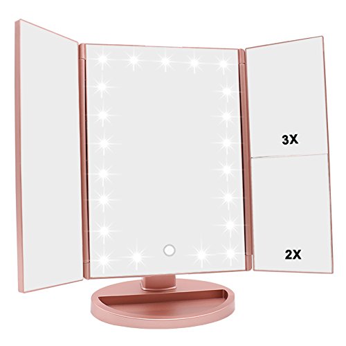 Tri-Fold Vanity Make-Up Mirror | Rose-Gold/ Copper | LED Light | 2x/3x Magnification