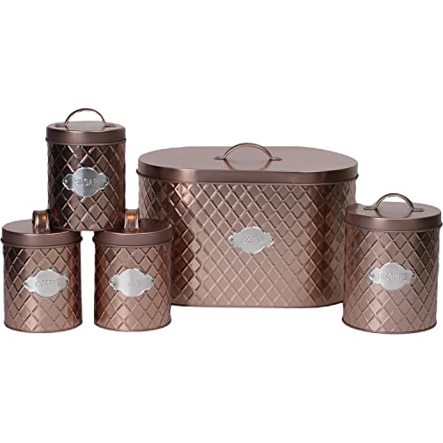 Neo | Copper | Embossed Diamond | Bread Bin & 4 Piece Canister Set | Tea, Coffee, Sugar & Biscuit 