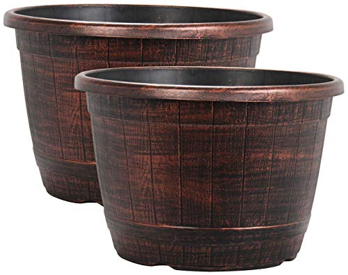 Copper Wooden Barrel Effect Plant Pot | Round Plastic Planter | Outdoor 25.8 Litre