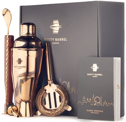 Rusty Barrel Park Lane Cocktail Making Set | Copper Gift Set With Stainless Steel Manhattan Cocktail Shaker, Jigger, Muddler, Strainer, Spoon, Pourer, Pouch & Recipe Booklet | Gift Box