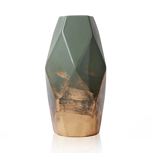 Ceramic Modern Geometric Vase | 20cm | Green & Gold/Copper | Decorative | Handmade 
