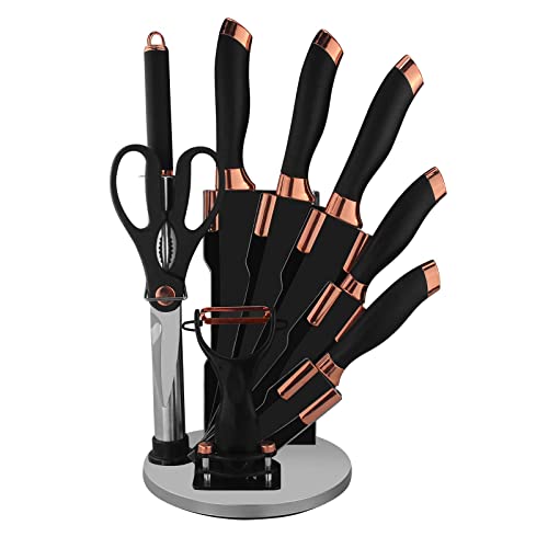 Knife Set With Block | 9-Pieces | Kitchen Chef Knives | Stainless Steel Black Blade & Copper 