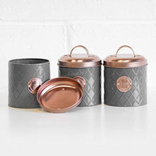 Load image into Gallery viewer, Set Of 3 Typhoon Copper &amp; Grey Storage Canisters | Tea, Coffee, Sugar 
