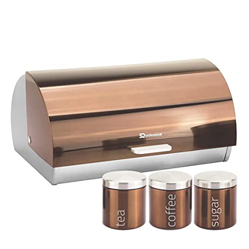 SQ Professional | Copper | Metallic Bread Bin With Tea Coffee Sugar Storage Jar | Canisters Set 