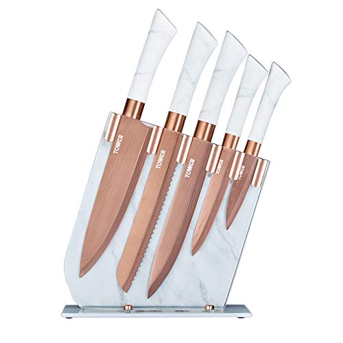 Tower | Kitchen Knife Set With Acrylic Knife Block | Stainless Steel, White Marble & Rose Gold | 5 Piece