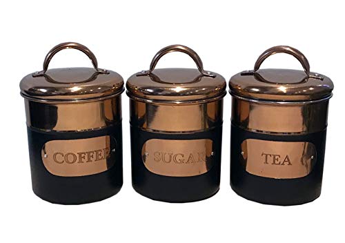 Black & Copper | Metal Tea Coffee Sugar Storage Canister Set | Tins