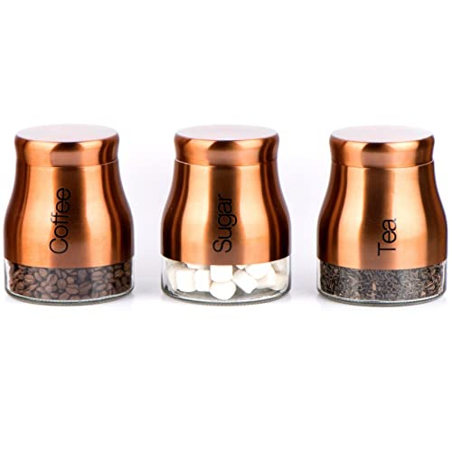 Set Of 3 Kitchen Storage Canisters |  Tea, Coffee & Sugar | Glass Jar | Copper 