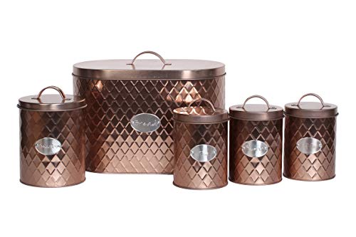 5pc Copper Kitchen Storage Container Set | Bread Bin, Tea, Sugar, Coffee, Biscuit Tins | Crystals®