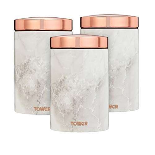 Tower | White Marble & Copper- Rose Gold | Set Of 3 Storage Canisters | Coffee/Sugar/Tea