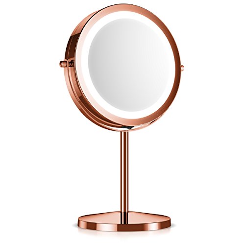 LED Illuminated Makeup Mirror | Copper | Vanity Cosmetics Mirror | 5x Magnification | 2-in-1 | 360° Swivel