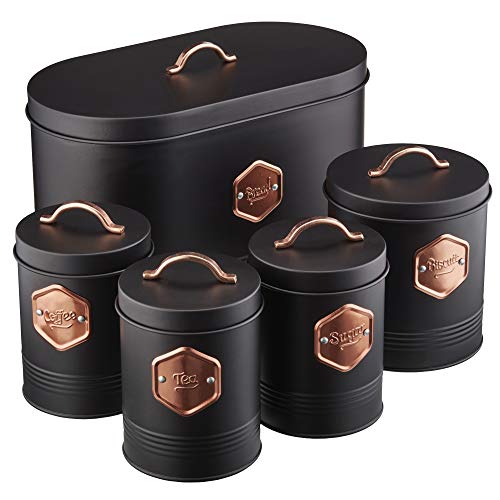 Black & Copper | 5 Piece Kitchen Storage Canister Set | Tea, Coffee, Sugar, Biscuits, Bread | Cooks Professional 