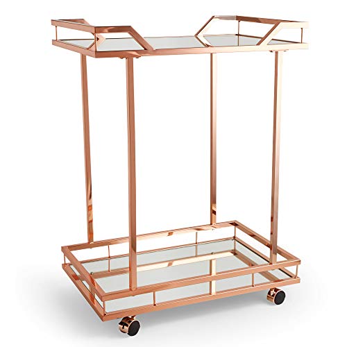 Copper Drinks Trolley | 2-Tiered Bar Cart With Mirrored Glass Shelves | Serving Trolley & Castor Wheels | Rose Gold 