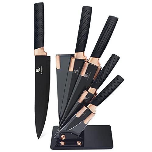Black & Copper Kitchen Knife Block Set With Acrylic Stand | 6PCS | Professional Stainless Steel Set 