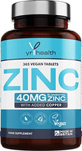 Load image into Gallery viewer, Vegan Zinc &amp;Copper Tablets | High Strength 40mg | 365 Premium Zinc Gluconate Tablets | 12 Month&#39;s Supply | Zinc 40mg | YrHealth

