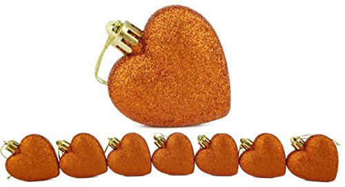 Pack of 8 | Heart Shaped Christmas Tree Baubles | Copper Glitter Decorated Baubles
