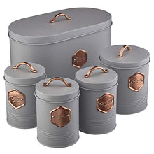 Load image into Gallery viewer, 5 Piece Kitchen Storage Canister Set | Grey &amp; Copper | Tea, Coffee, Sugar, Biscuits &amp; Bread | Cooks Professional 
