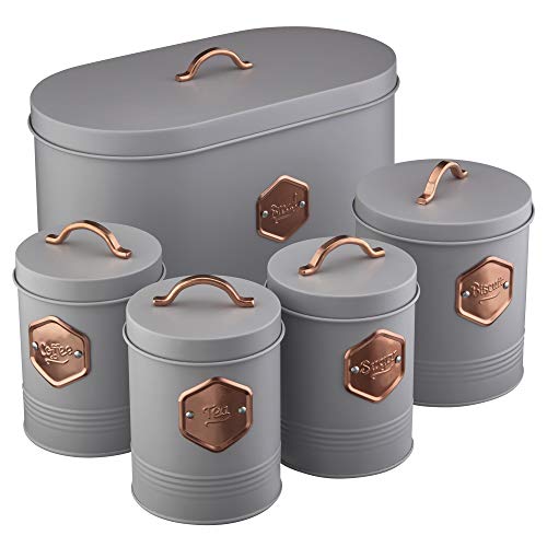 5 Piece Kitchen Storage Canister Set | Grey & Copper | Tea, Coffee, Sugar, Biscuits & Bread | Cooks Professional 
